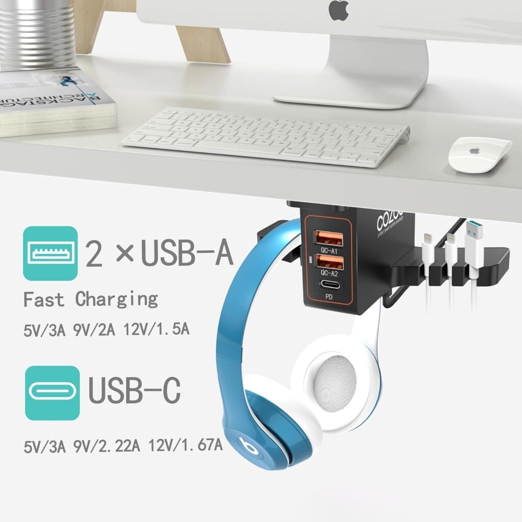 cozoo Headphone Stand with USB Charger Under Desk Headset Holder Mount with 3 Port USB Charging Station (20W PD  QC3.0) and iWatch Stand Smart Watch Charging Dock Dual Earphone Hanger Hook,UL Tested