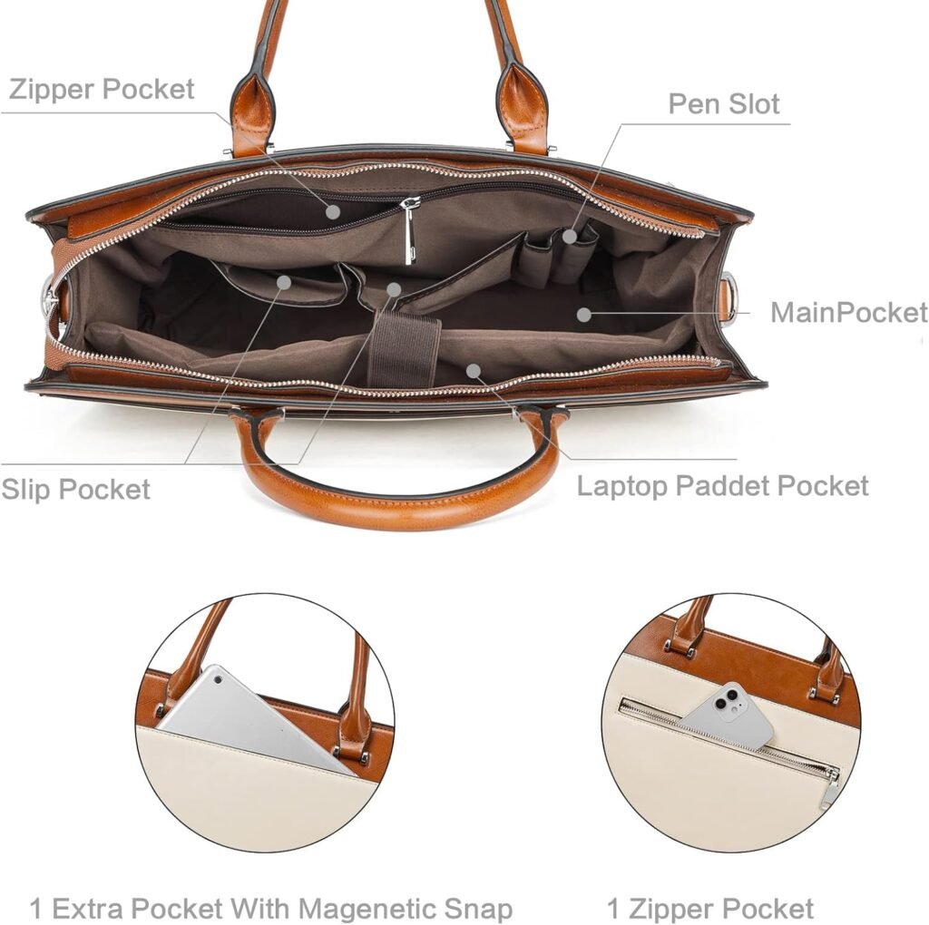 BROMEN Women Leather Briefcase 15.6 inch Vintage Laptop Shoulder Bag Business Tote Work Handbag