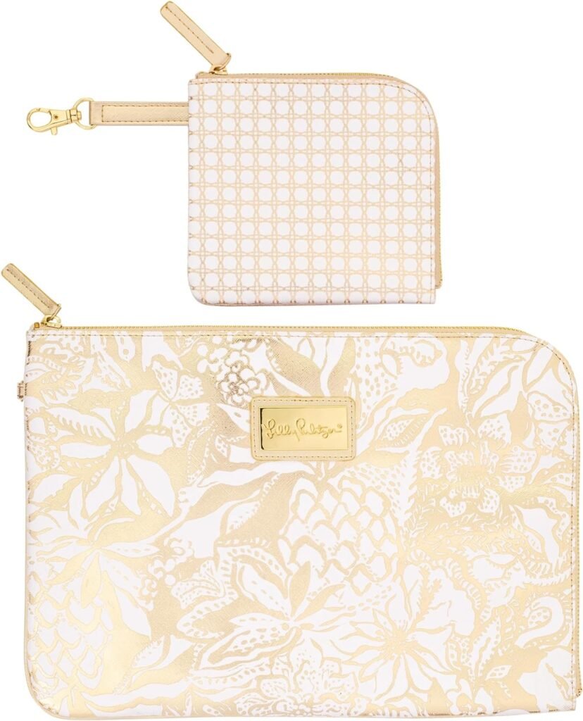 Lilly Pulitzer Padded Tech Sleeve with Small Zip Pouch for Accessories, Cute Laptop Case for Women, Tablet Bag or 13 Inch Laptop Sleeve, Safari Sangria Gold