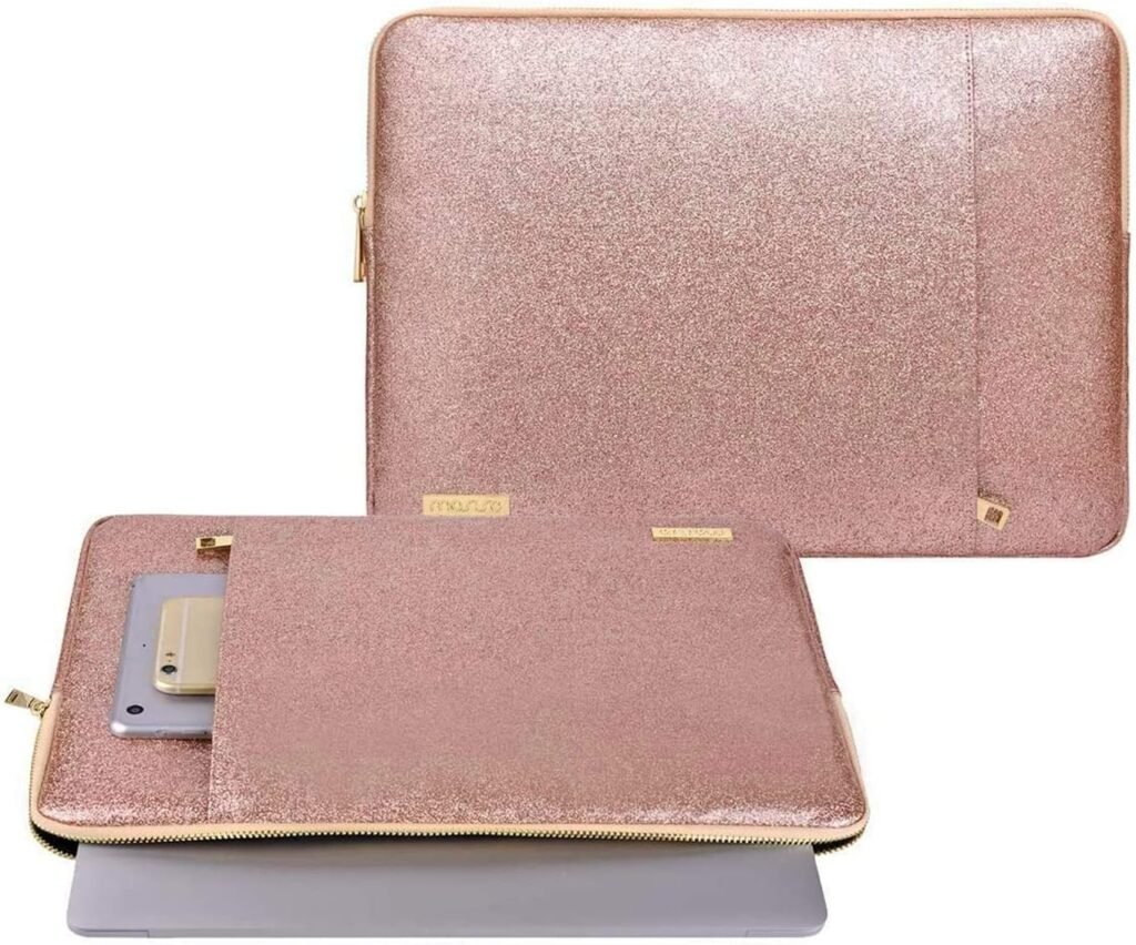 MOSISO Laptop Sleeve Compatible with MacBook Air/Pro,13-13.3 inch Notebook,Compatible with MacBook Pro 14 inch 2023-2021 M2 A2779 A2442 M1, PU Leather Vertical Padded Bag Waterproof Case, Rose Gold
