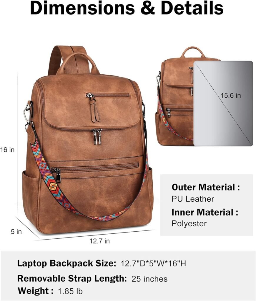 FADEON Laptop Backpack for Women Leather Travel Backpack with Laptop Compartment, Designer Ladies Computer Backpacks Camel