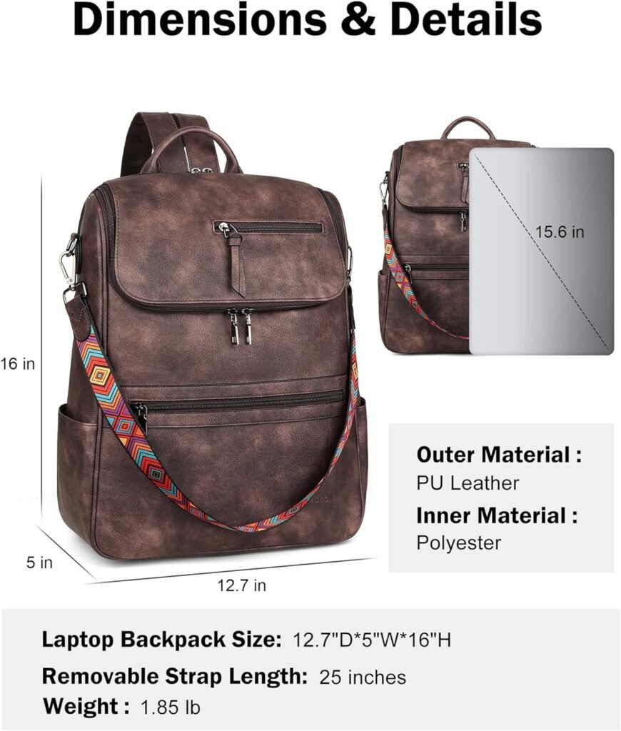 FADEON Laptop Backpack for Women Leather Travel Backpack with Laptop Compartment, Designer Ladies Computer Backpacks Camel
