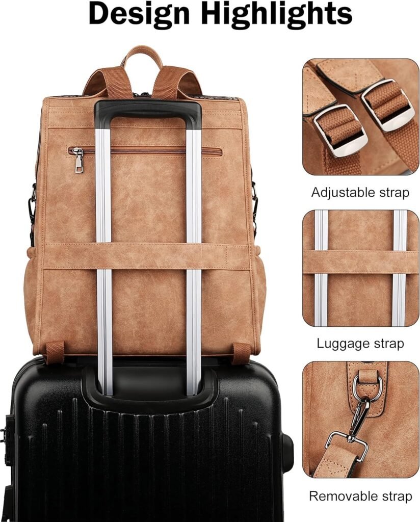 FADEON Leather Laptop Backpack for Women, Designer Ladies Work Travel Computer Backpack with Laptop Compartment Purse Brown