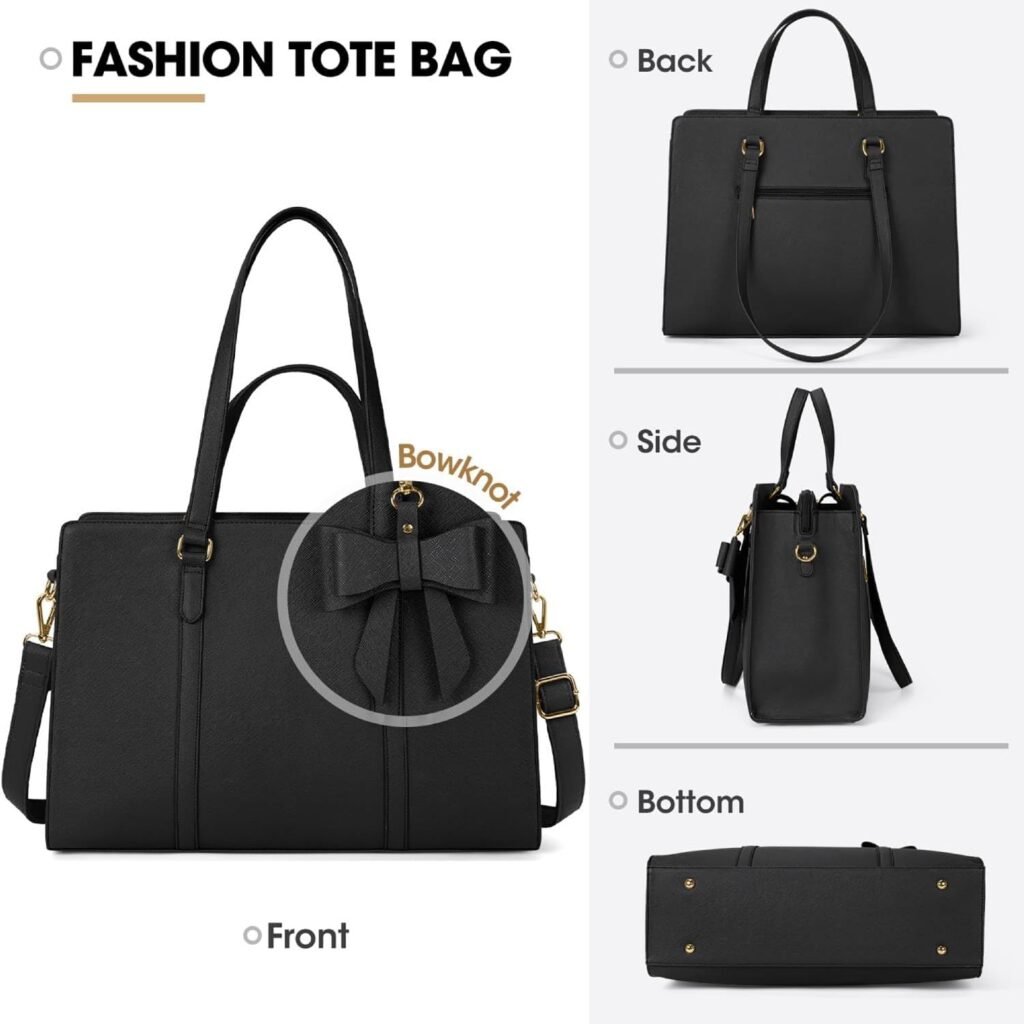 Laptop Bag for Women 15.6 inch Laptop Tote Bag Waterproof Leather Computer Bag Large Lightweight Briefcase Professional Business Office Work Bag Black