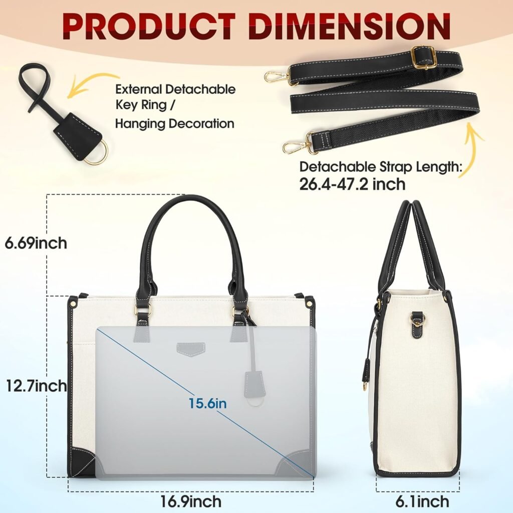 Laptop Bag for Women 15.6 inch Lightweight Canvas Tote Bag Waterproof Work Shoulder Bags Large Capacity Computer Bag Professional Office Business Briefcase Casual Handbag for Travel College, Black