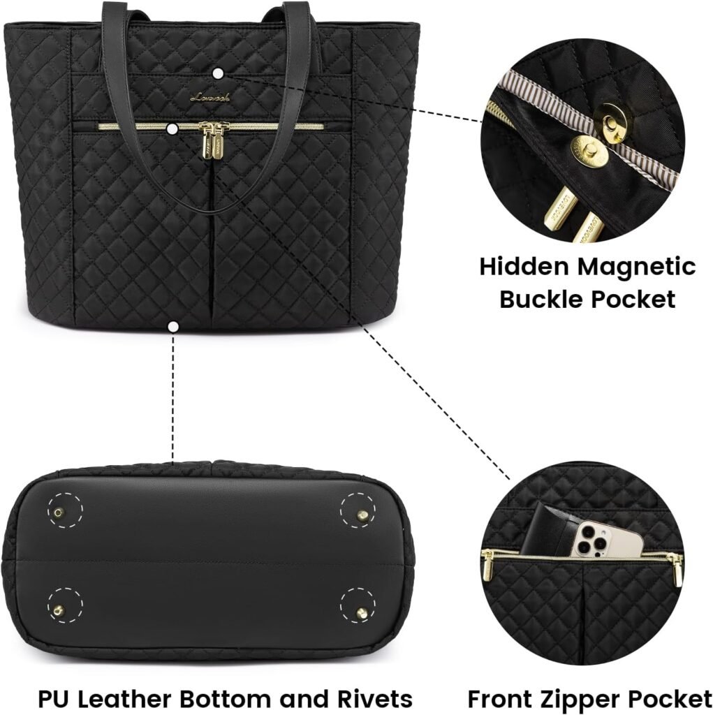 LOVEVOOK Laptop Bag for Women 15.6 inch,Diamond Quilted Work Tote Bags Womens Laptop Tote Bag Computer Shoulder Bags,Stylish Travel Tote Bags Laptop Purse Case Briefcase Handbag with Clutch Bag,Black