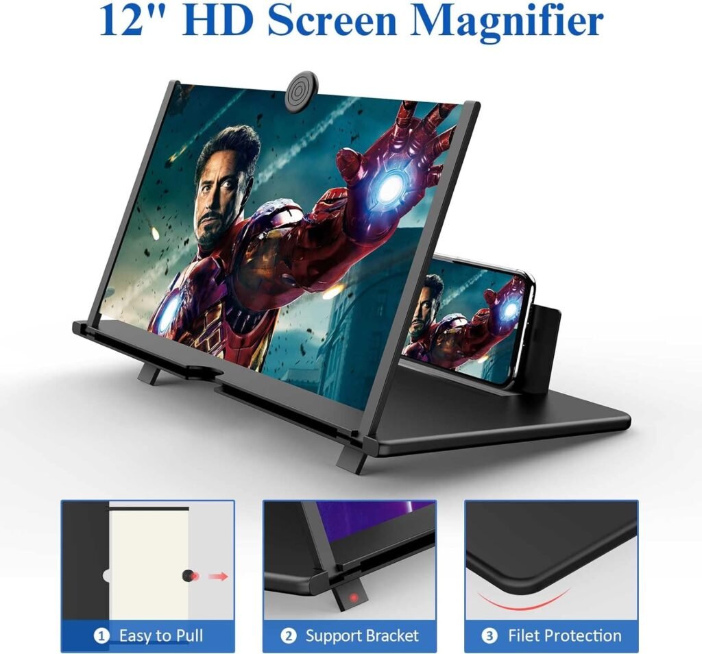 12 Screen Magnifier for Cell Phone -3D HD Magnifying Projector Screen Enlarger for Movies, Videos and Gaming – Foldable Phone Stand Holder with Screen Amplifier–Compatible with All Smartphones