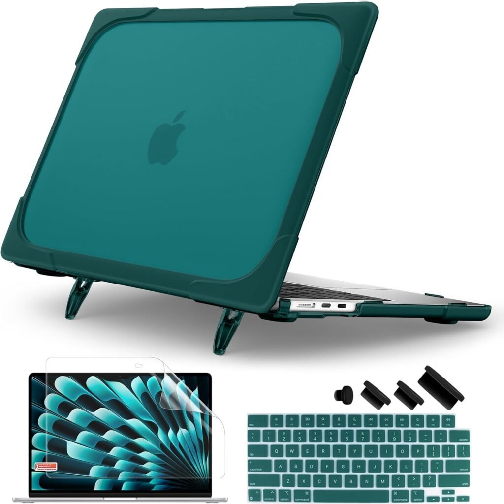 Batianda for M3 MacBook Air 15 inch Case 2024 2023 Release M2 Chip Model A3114 A2941,Heavy Duty Shockproof Protective Hard Shell with Fold Kickstand  Keyboard Protector for Enhanced Durability, Teal