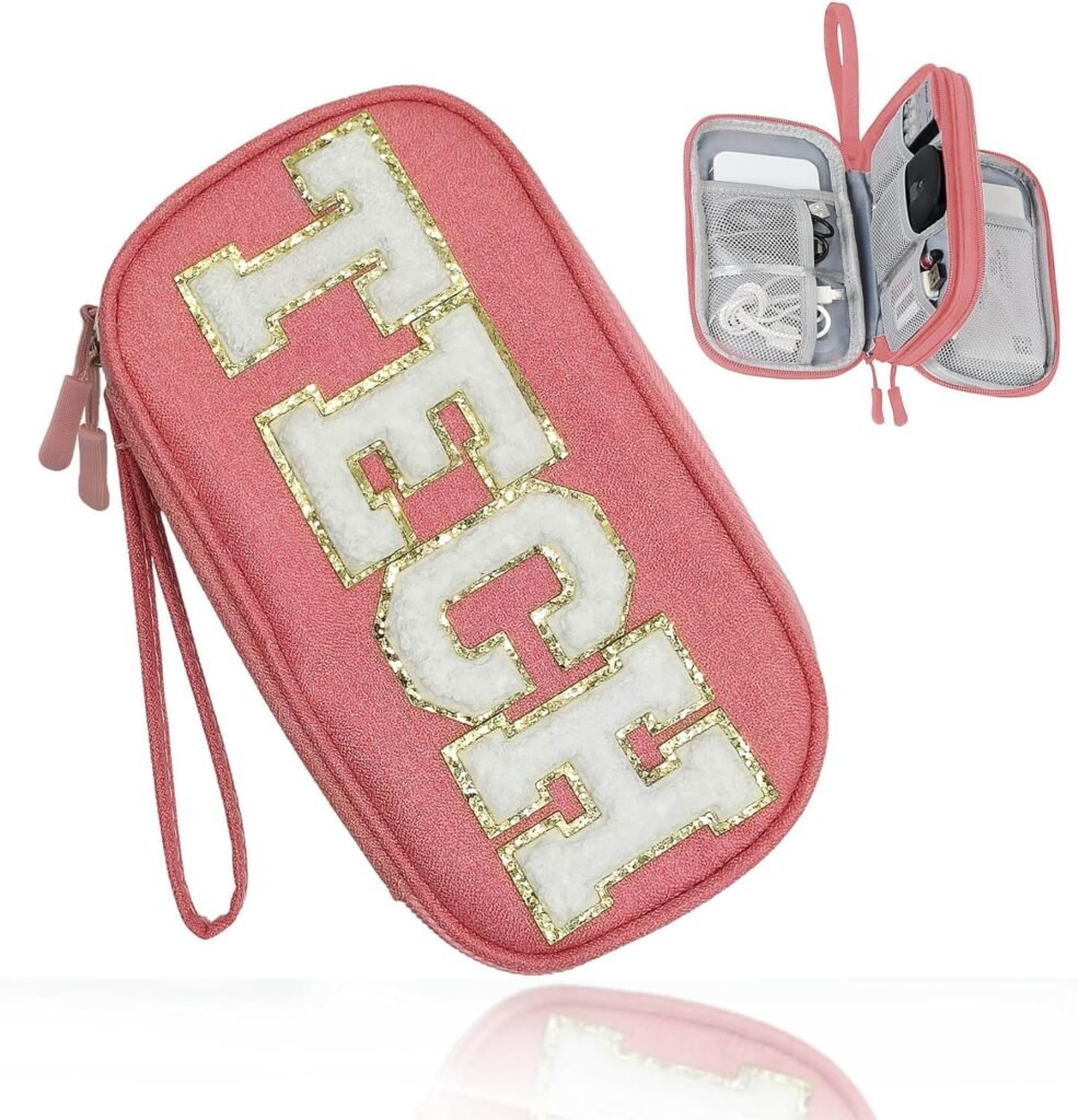 Electronic Accessories Organizer Bag Cable Cord Charger Carrying Pouch with Preppy Chenille Letter Patch TECH, Business Travel Gadget Small Storage Case Essential for Women Teen Girl (Pink)
