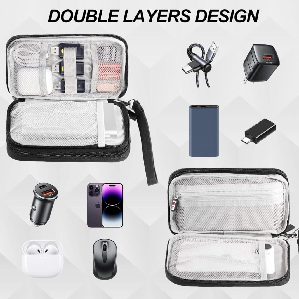 Electronics, Cable Organizer Bag,Water Resistant Double Layers Pouch Carry Case for Cable,Cord,Phone,Charger,Earphone,Travel Accessories Tech Storage Bag for Men,Black,Small