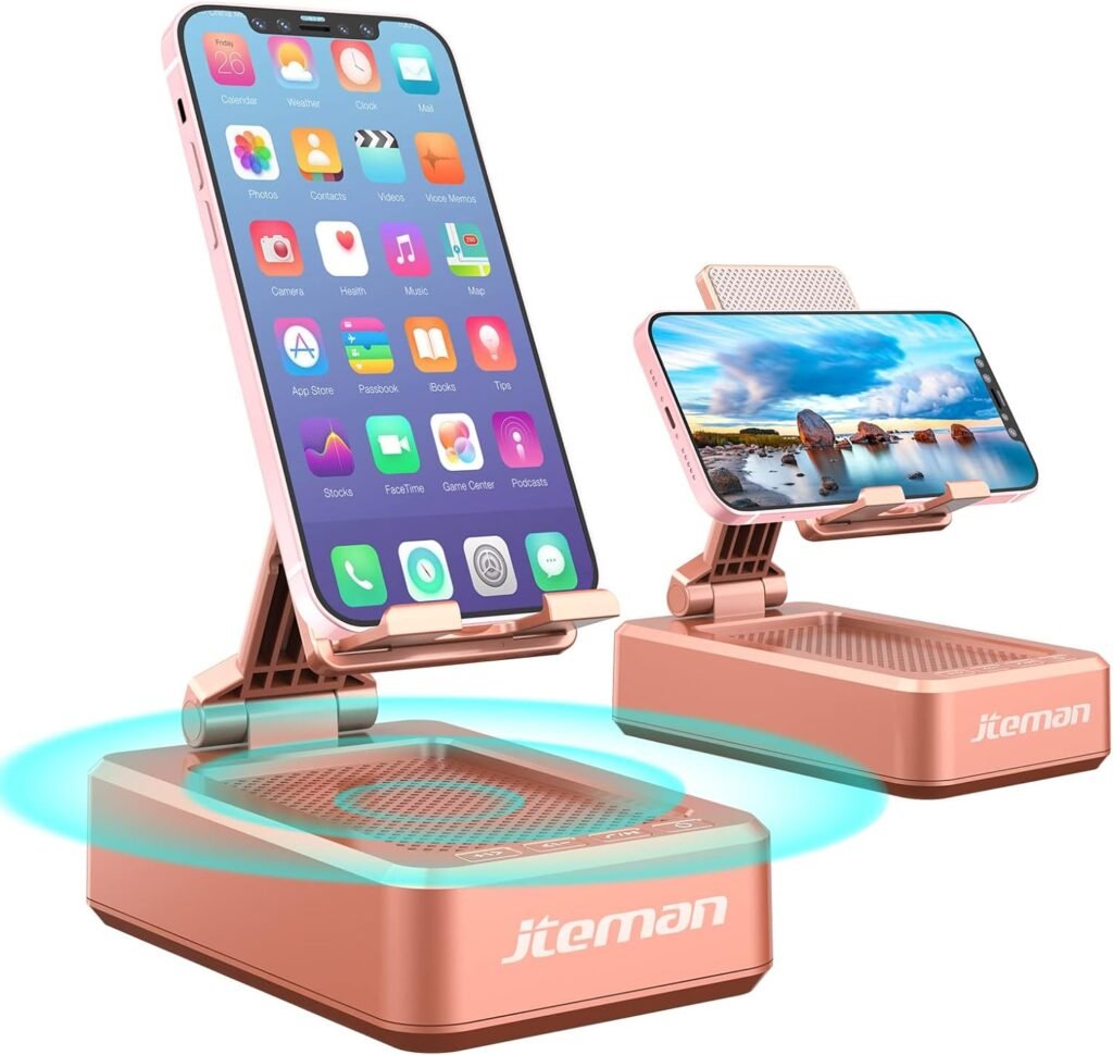 Jteman Portable Phone Stand with Speaker Bluetooth Wireless,Gifts for Men Women,Birthday for Women Men,Kitchen Gadgets for Men,Phone Holder for Desk - Rose Gold