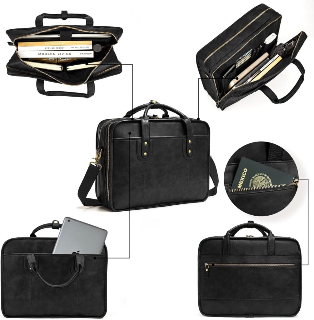 Leather Briefcases for Men 15.6 Inch Business Computer Bag Laptop Bag for Men Water Resistance Vintage Large Capacity Travel Messenger Bag Perfect Bag for Men-Black