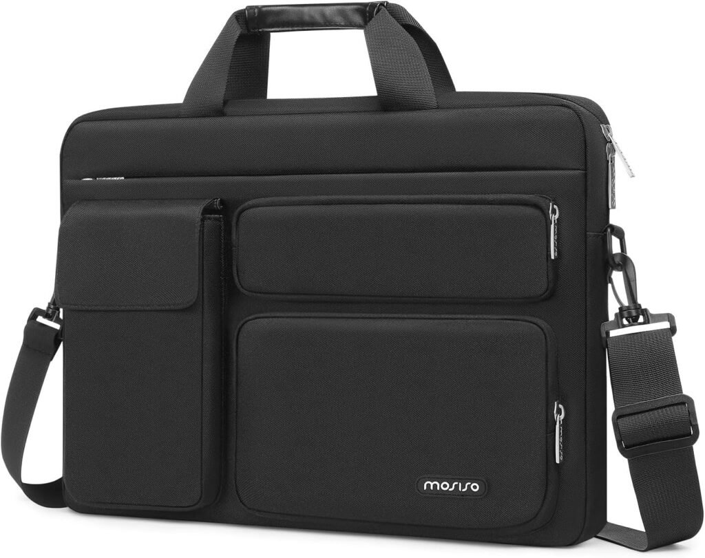 MOSISO Laptop Shoulder Messenger Bag Compatible with MacBook Air 15 inch M2 A2941 2023/Pro 16 2023-2019, 15-15.6 inch Notebook with 2 Raised1 Flapover1 Horizontal PocketHandleBelt, Black