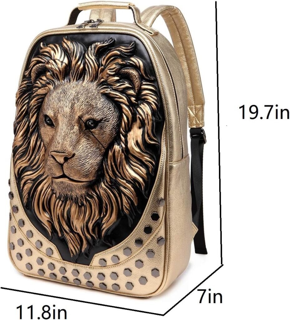 3D Lion Laptop Backpack Unique Designer PU Leather Fashion Travel Rivet Punk Backpack (Black G)