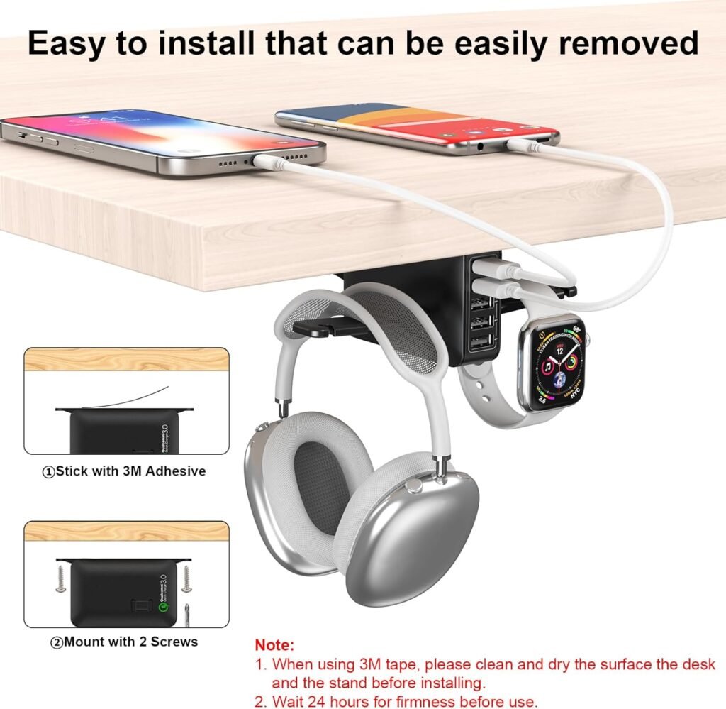 HORUMP PC Gaming Headphone Headset Holder Hanger Hook, Dual Headphone Stand Under Desk with 5 Ports USB Charging Station, Suitable for Gamer Earphone Accessories as Boyfriend, Son, Husband Gifts