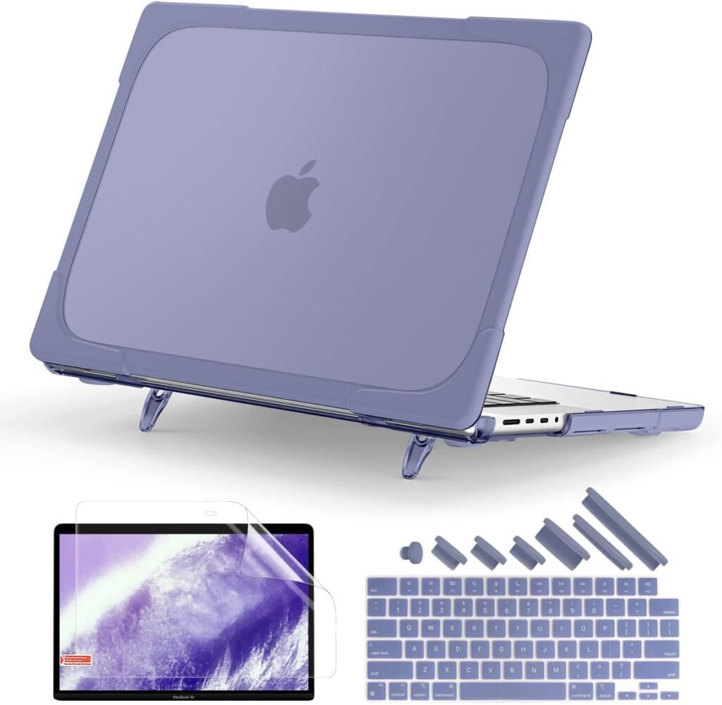 Batianda Compatible with New M3 MacBook Pro 14 inch Case 2023 2021 Release A2779/A2442 Model M2 Pro/Max, Heavy Duty Protective Plastic Hard Shell with Fold Kickstand  Keyboard Cover, Lavender Grey