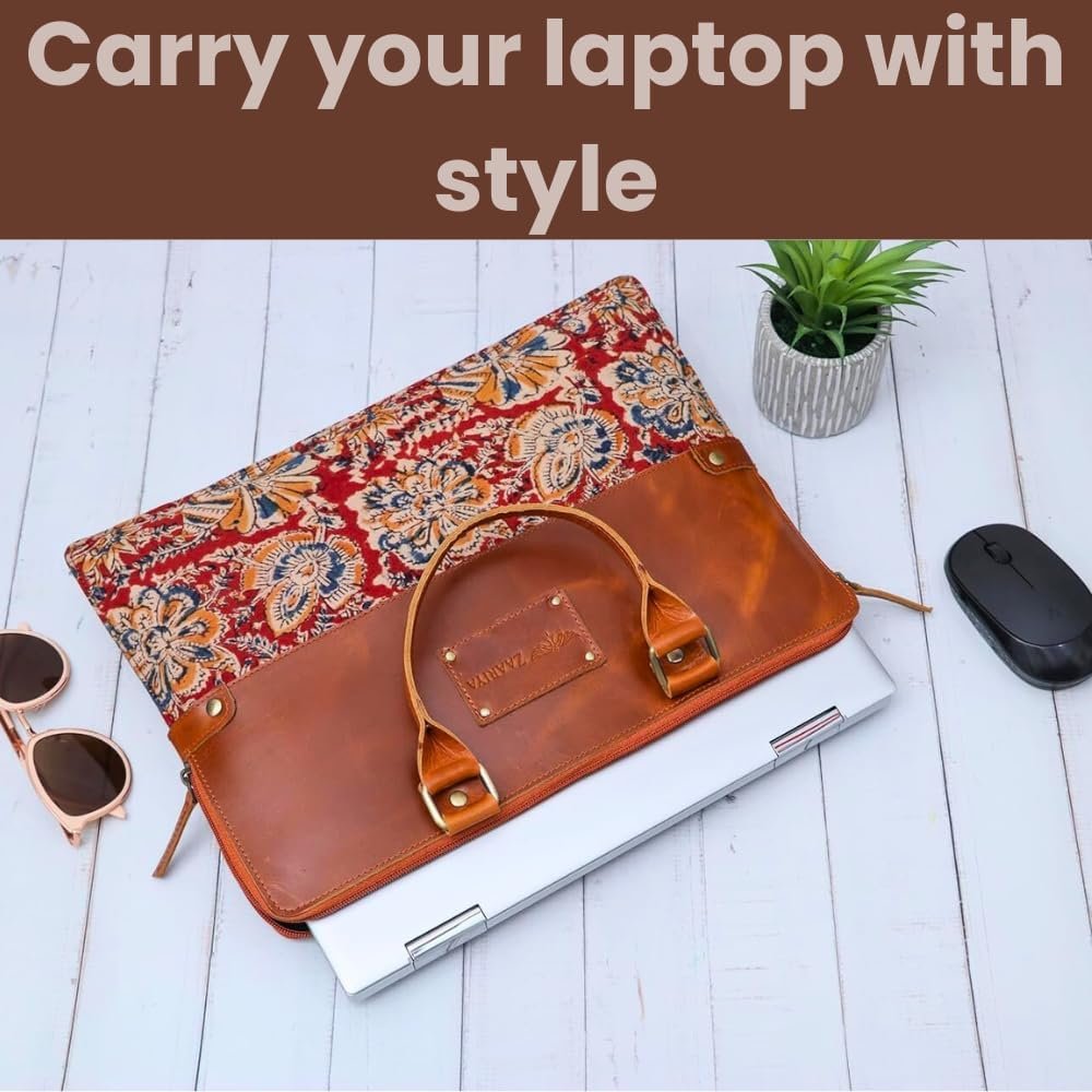 Handcrafted Laptop Bag/Sleeve/Case for Women | Made From Leather With Handblock Fabric - Ideal For 13 Inch Devices