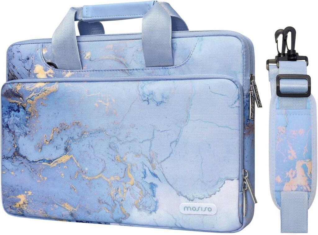 MOSISO 360 Protective Laptop Shoulder Bag Compatible with MacBook Air/Pro,13-13.3 inch Notebook,Compatible with MacBook Pro 14 2023-2021 A2779 M2 A2442 M1, Watercolor Marble Sleeve with Belt, Blue