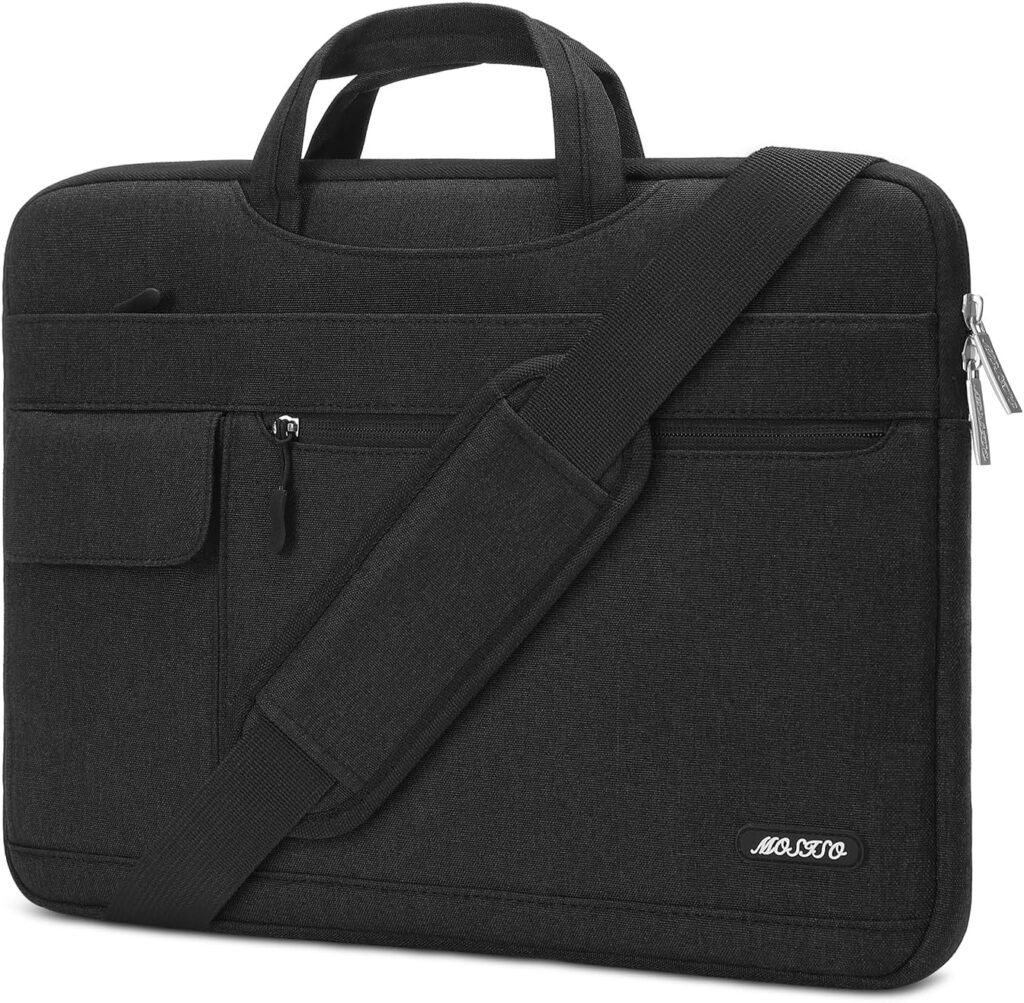 MOSISO Laptop Shoulder Bag Compatible with MacBook Air/Pro,13-13.3 inch Notebook,Compatible with MacBook Pro 14 inch M3 M2 M1 Pro Max 2023-2021,Polyester Flapover Briefcase Sleeve Case, Black