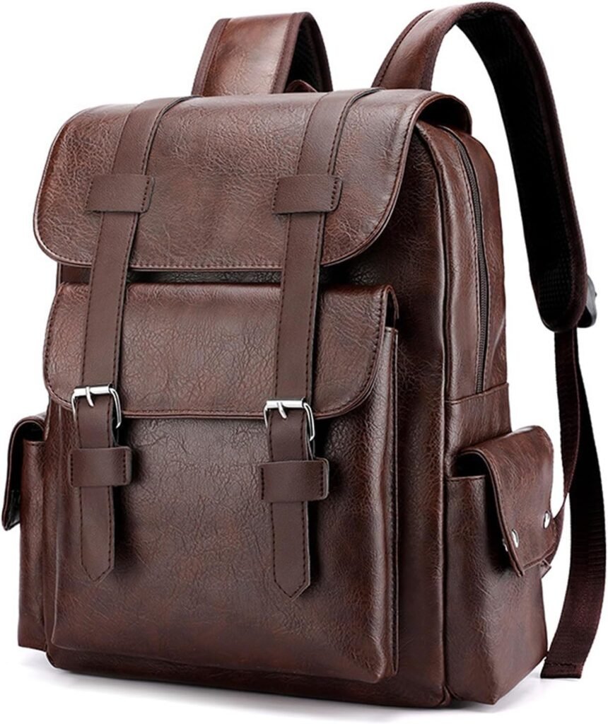 Practical Vintage Women and Men Backpack PU Leather Laptop Bags Purse Daypack Bag Weekend Travel Bookbag (Dark brown)